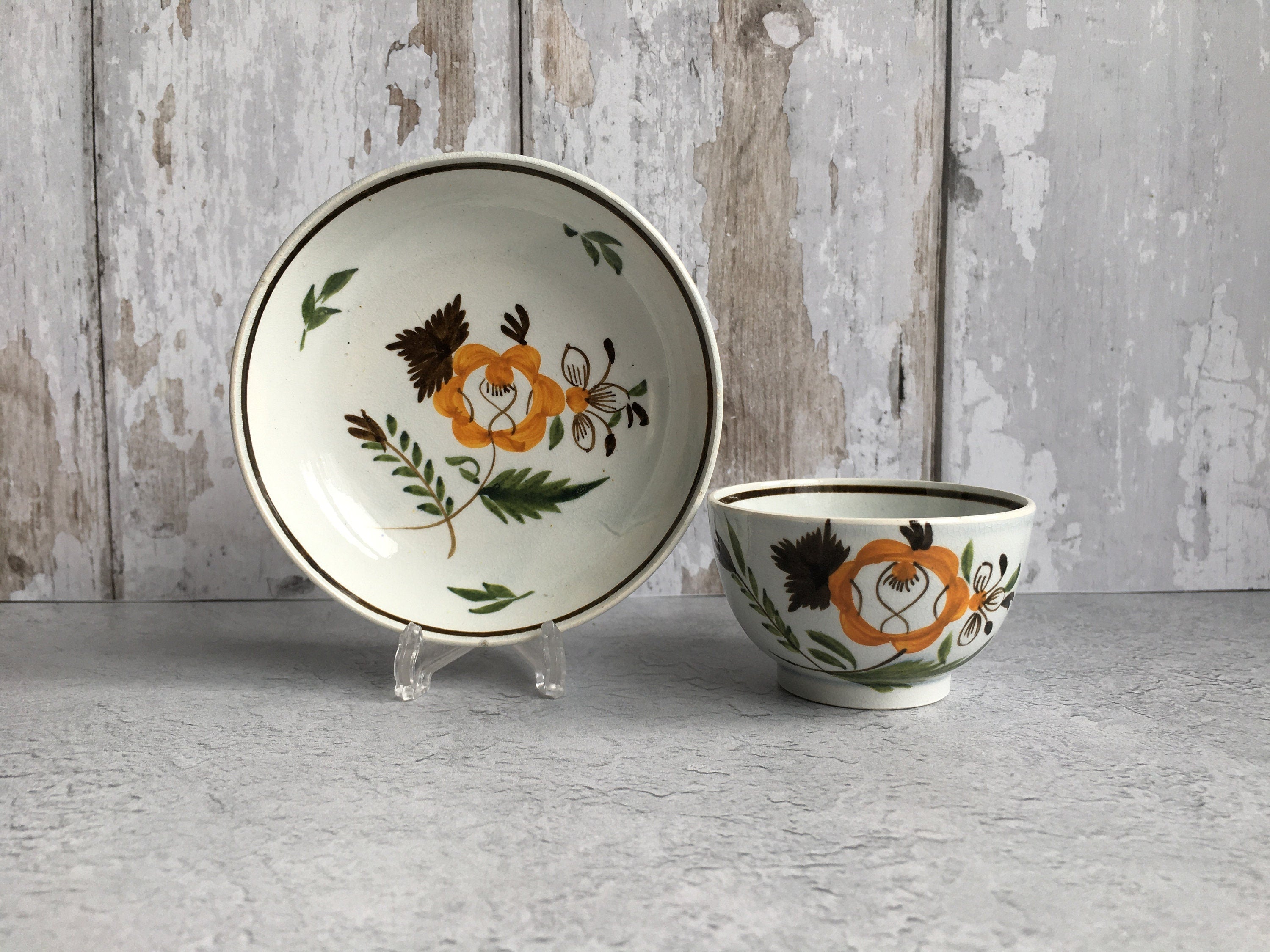 1790 Pratt Ware Child's Tea Bowl & Saucer Naive Pearlware Miniature