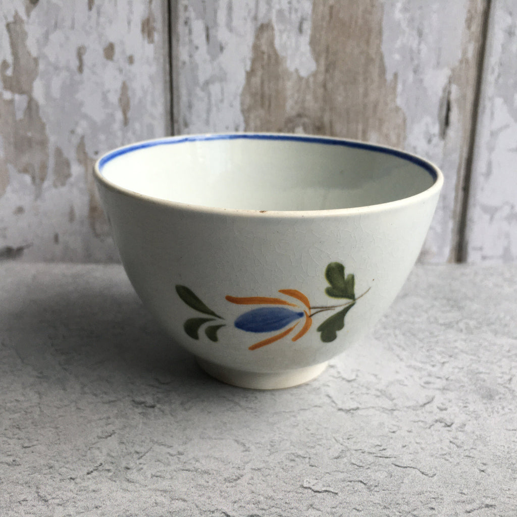 19th Century English Pottery Tea Bowl Blue Flower Pearlware C 1810 Folk Art Naïve