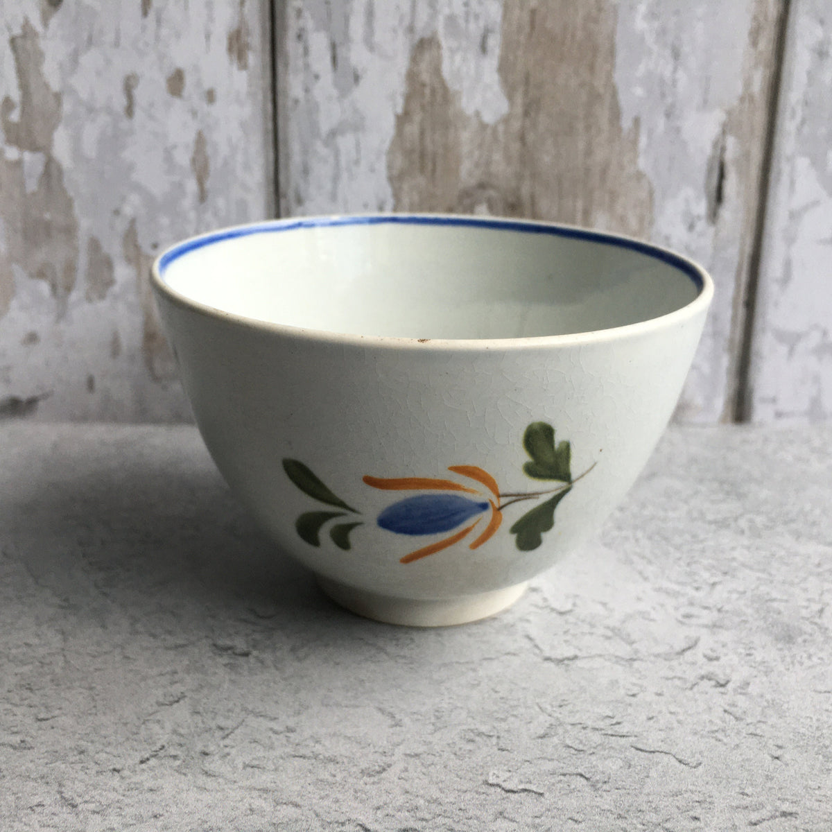 19th Century English Pottery Tea Bowl Blue Flower Pearlware C 1810 Folk Art Naïve