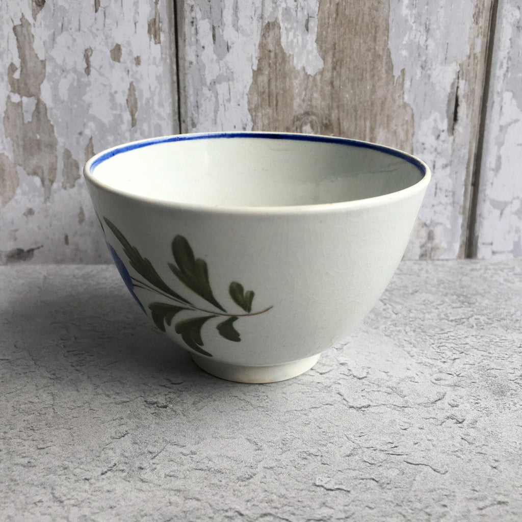 19th Century English Pottery Tea Bowl Blue Flower Pearlware C 1810 Folk Art Naïve