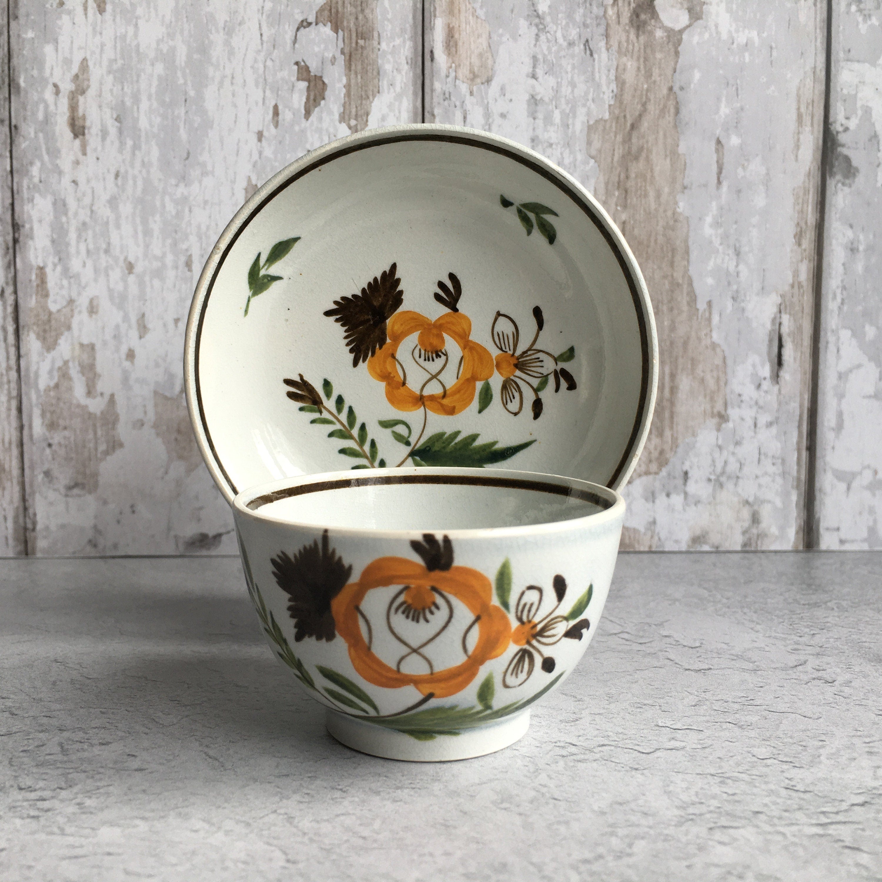 1790 Pratt Ware Child's Tea Bowl & Saucer Naive Pearlware Miniature