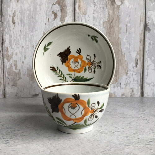 1790 Pratt Ware Child's Tea Bowl & Saucer Naive Pearlware Miniature