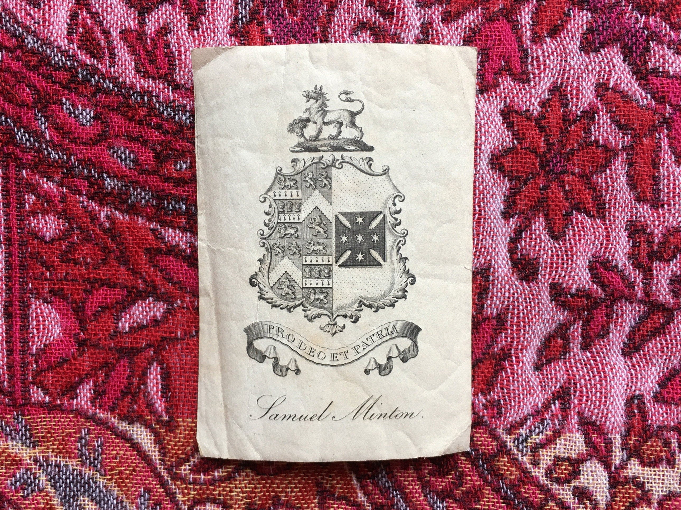 Rare 19th Century Reverend Samuel Minton Ex Libris Book Plate Miltons Descendant