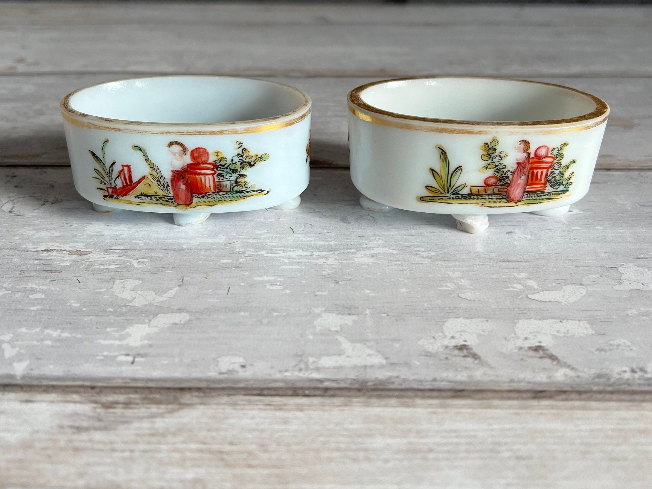 18th Century Opaline Glass Salt Cellars Enamelled Floral Design Georgian Wedding Gift