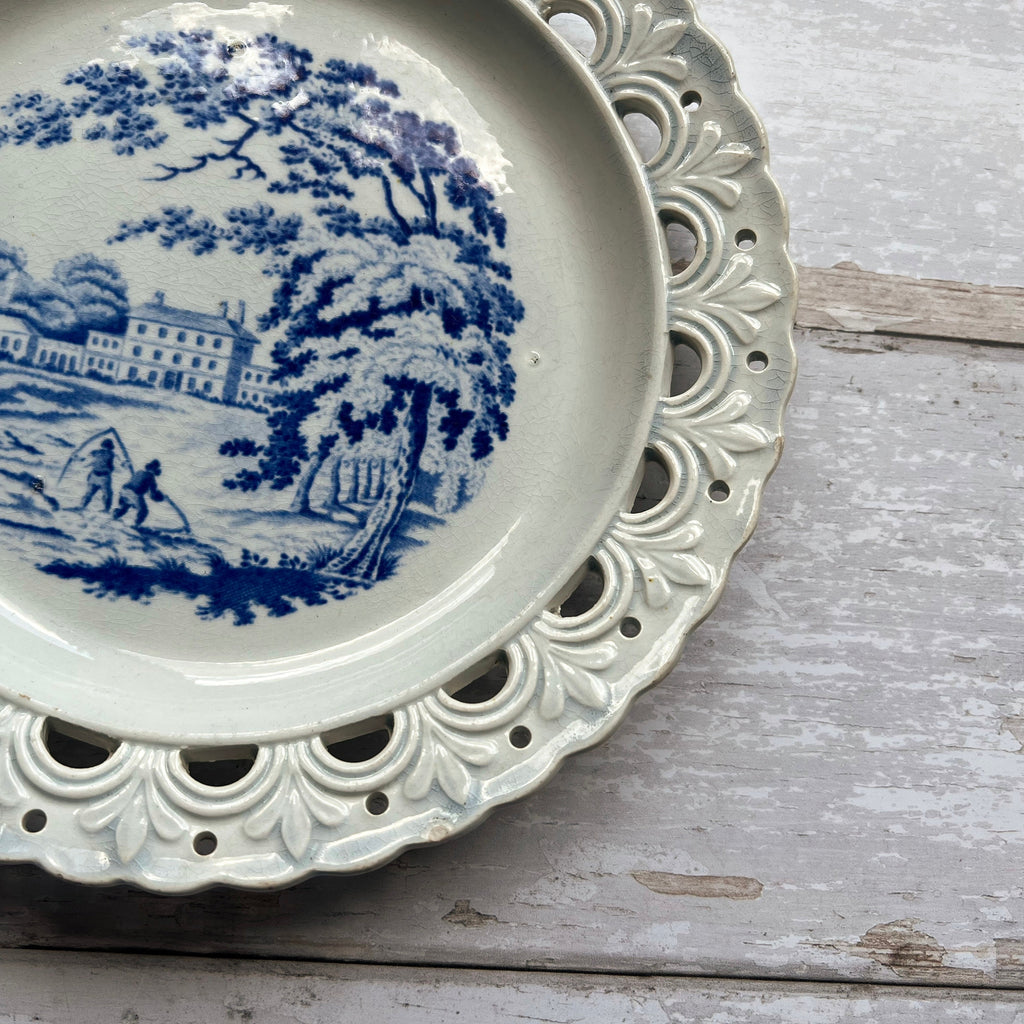 19th Century Pearlware Plate Reticulated Border English Country House Blue And White C 1820