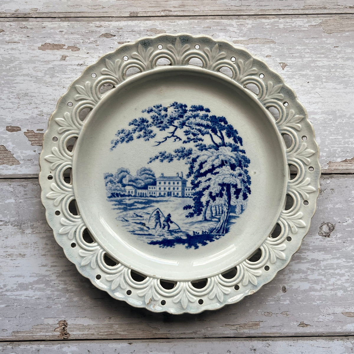 19th Century Pearlware Plate Reticulated Border English Country House Blue And White C 1820