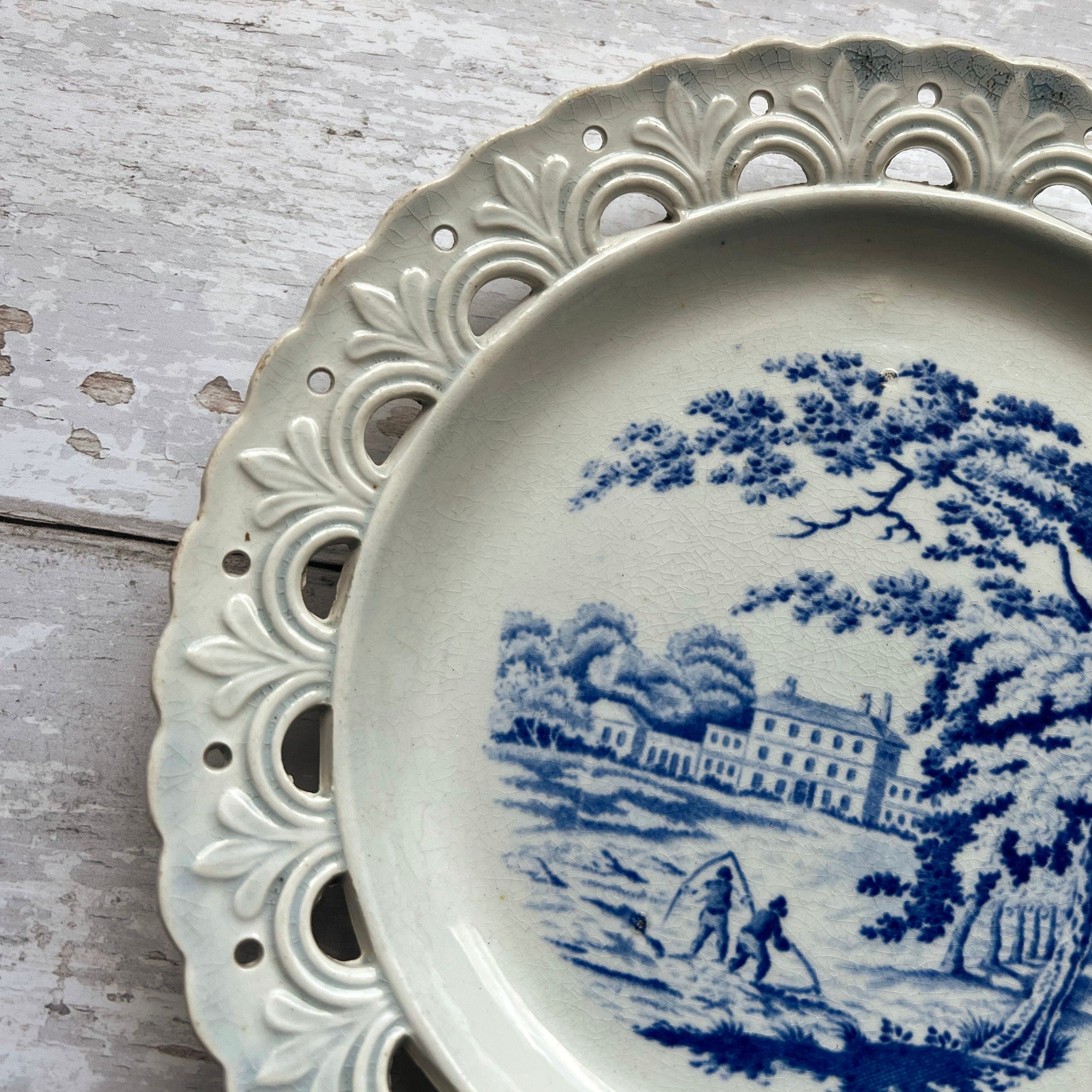 19th Century Pearlware Plate Reticulated Border English Country House Blue And White C 1820