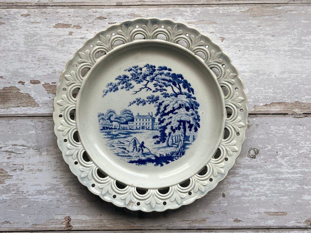 19th Century Pearlware Plate Reticulated Border English Country House Blue And White C 1820