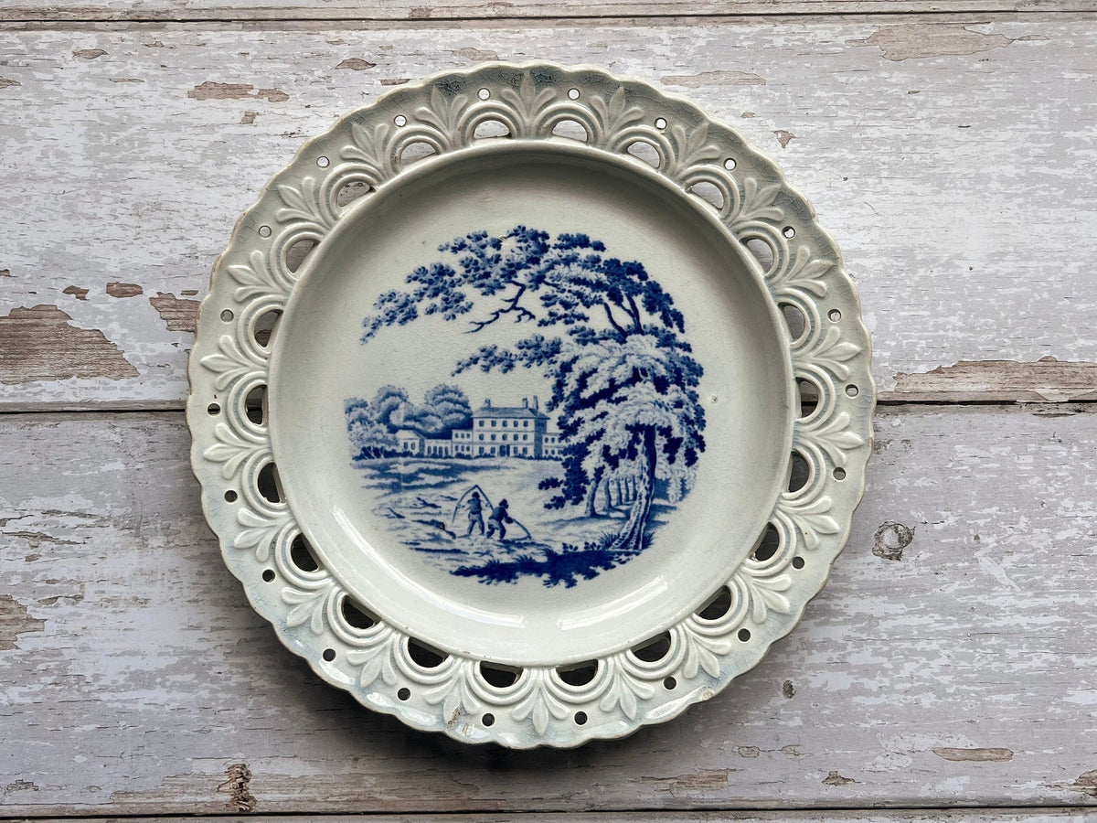 19th Century Pearlware Plate Reticulated Border English Country House Blue And White C 1820