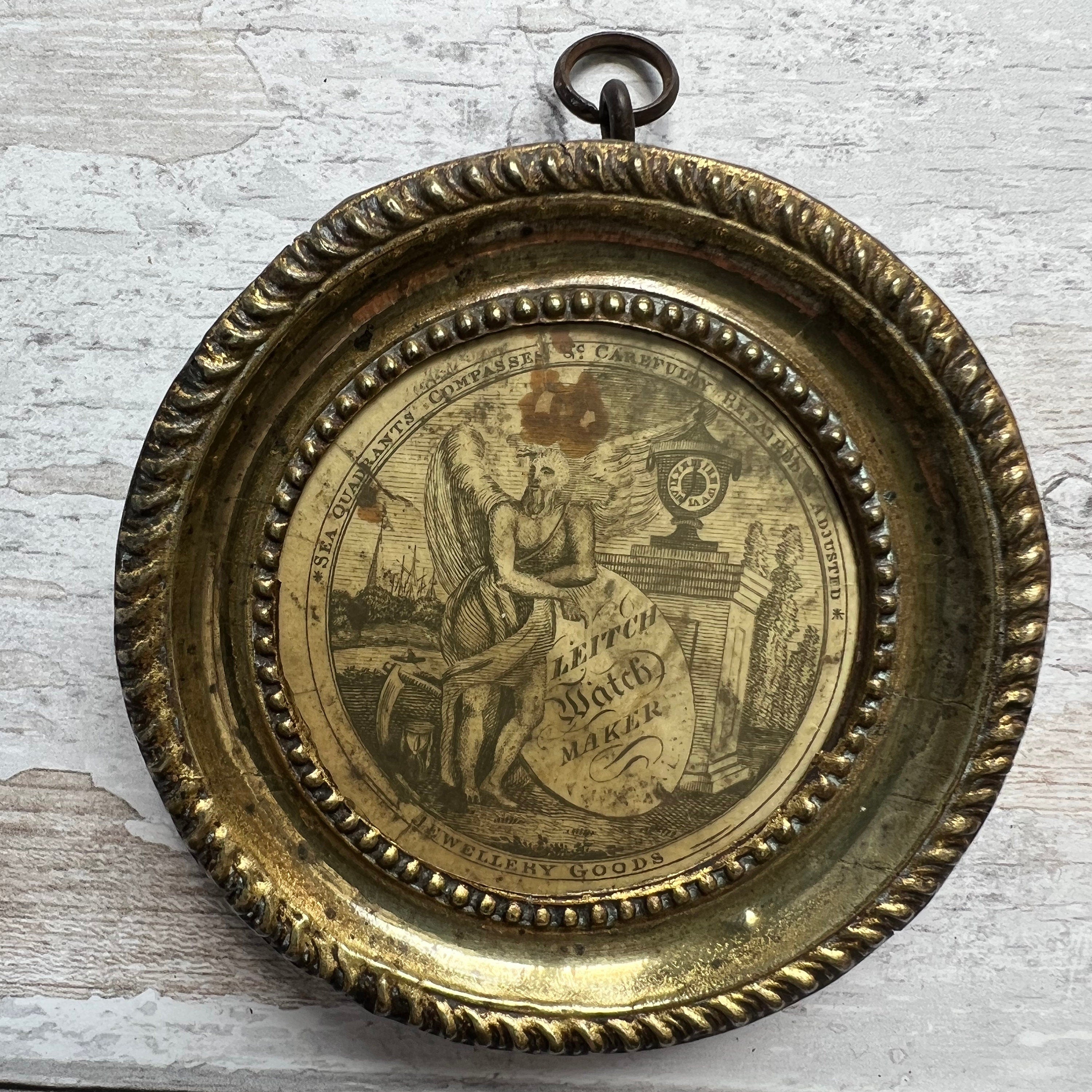 Antique 19th Century Watch Paper Leitch Watch Maker Pressed Brass Frame