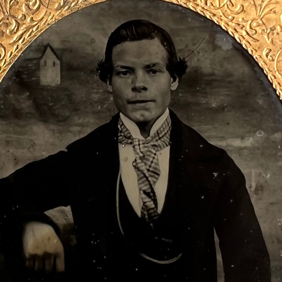 19th Century Victorian Tin Type Photograph Cheeky Young Man Striped Neckerchief Painted Background