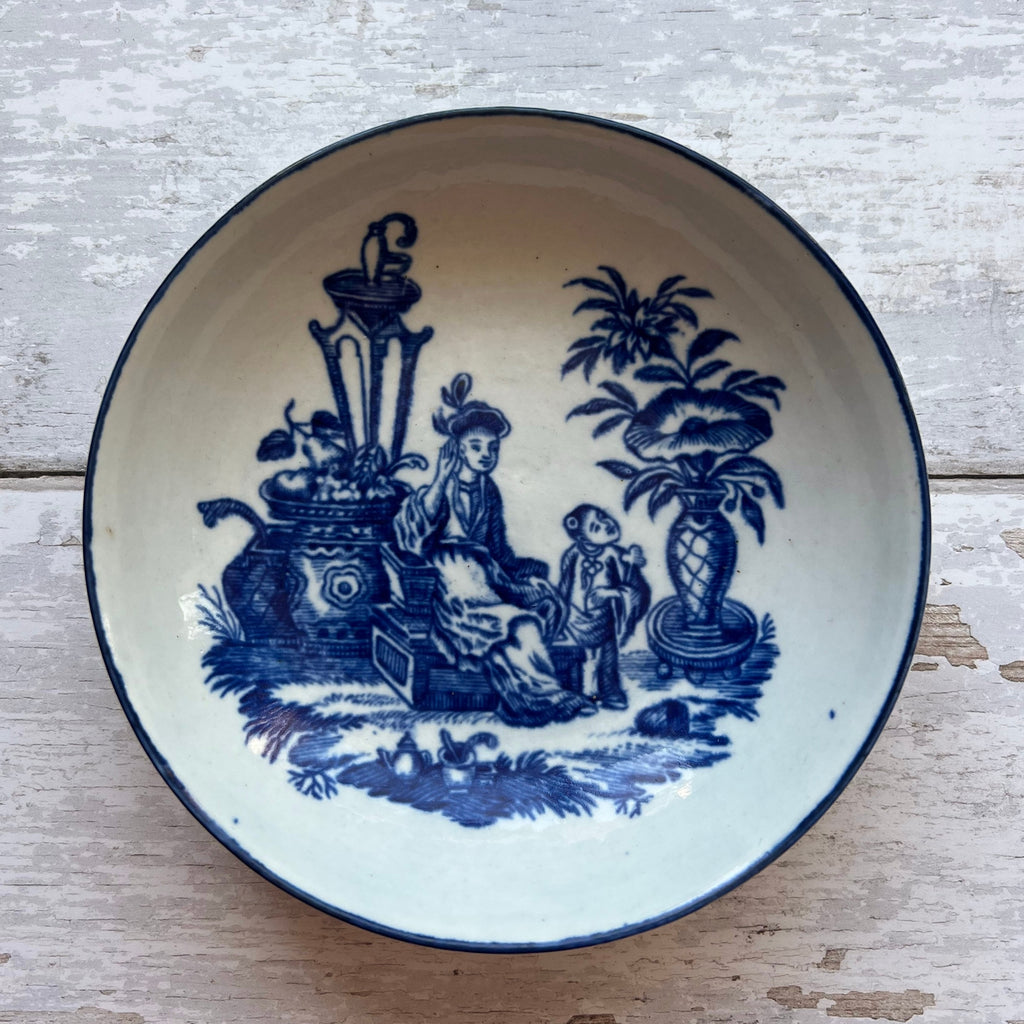 Worcester Porcelain Saucer Blue and White Mother and Child Circa 1775