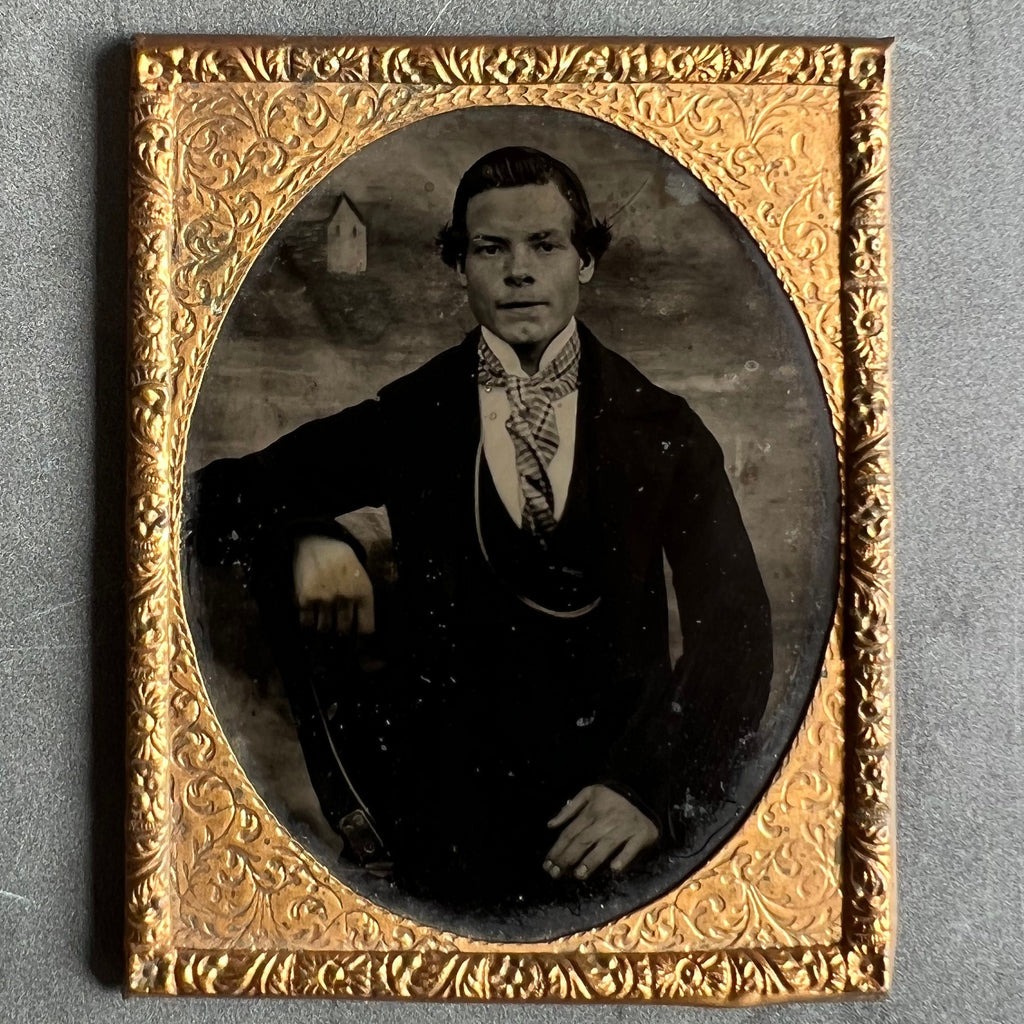 19th Century Victorian Tin Type Photograph Cheeky Young Man Striped Neckerchief Painted Background