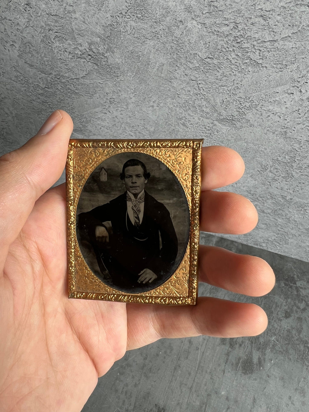 19th Century Victorian Tin Type Photograph Cheeky Young Man Striped Neckerchief Painted Background