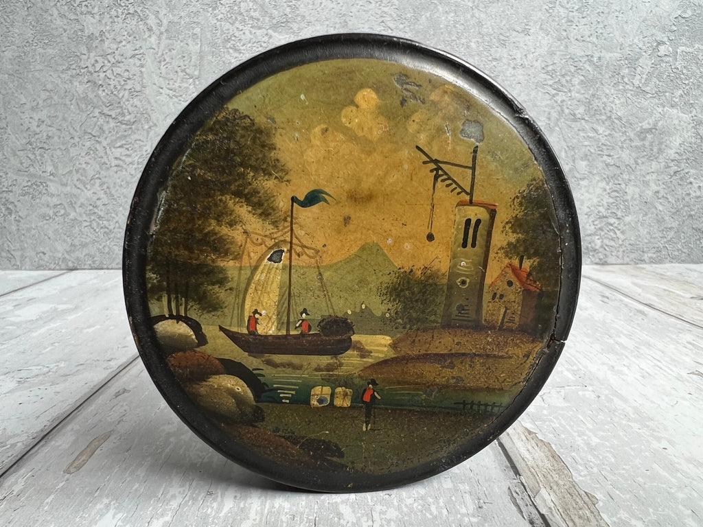 Antique Georgian Papier Mache Snuff Box Hand-Painted Trading Scene