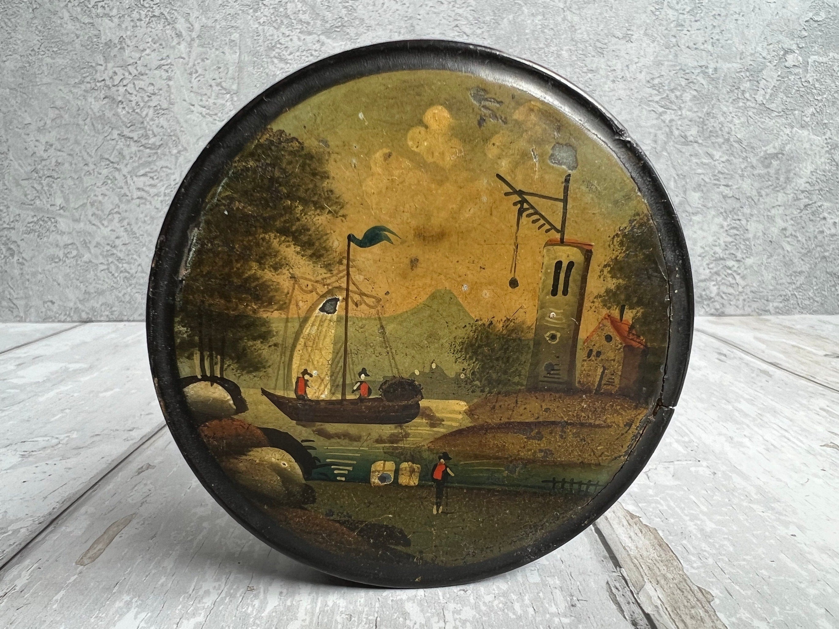 Antique Georgian Papier Mache Snuff Box Hand-Painted Trading Scene