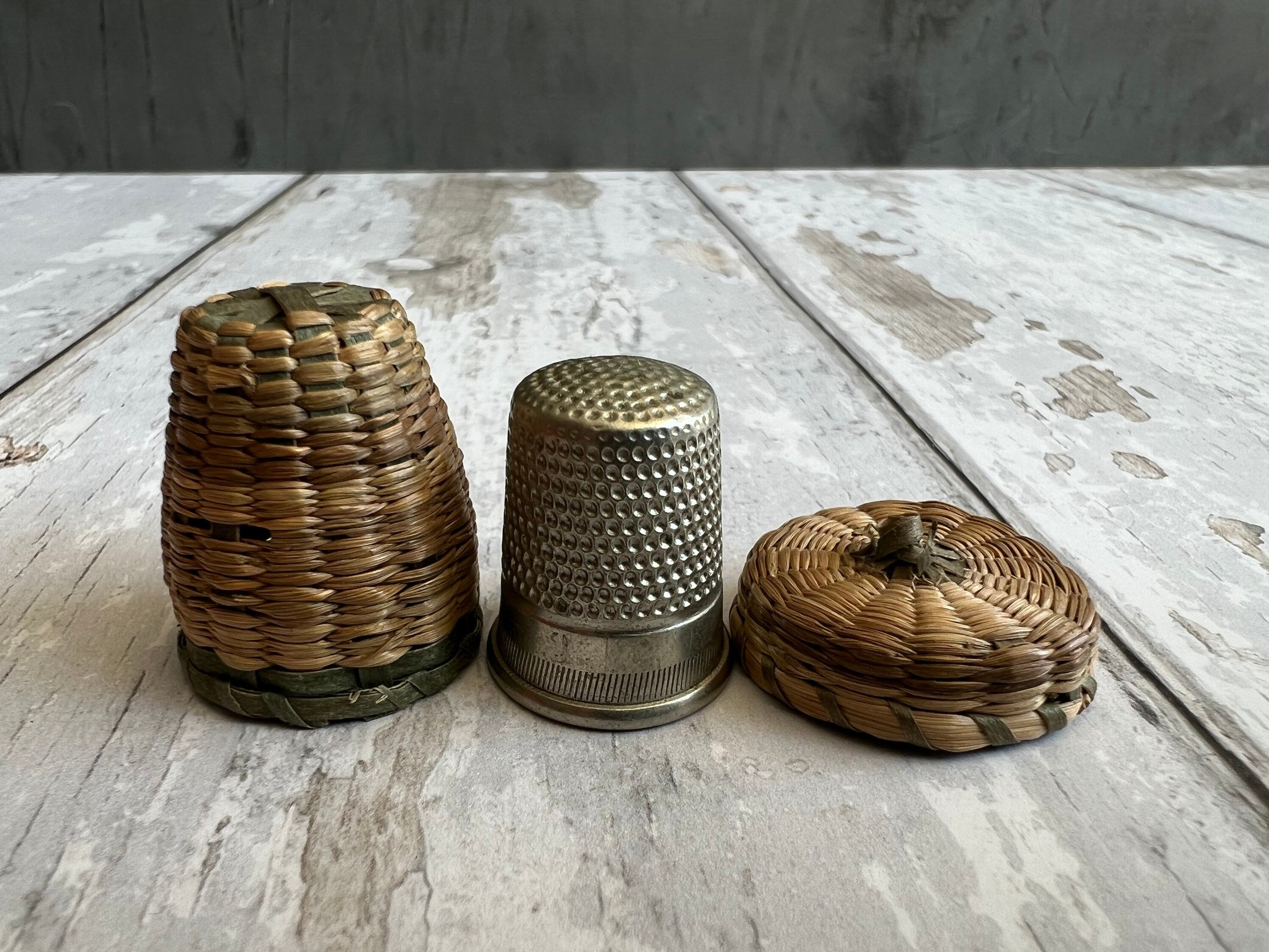 19th Century Sea Grass Thimble Holder Straw Basket Folk Art