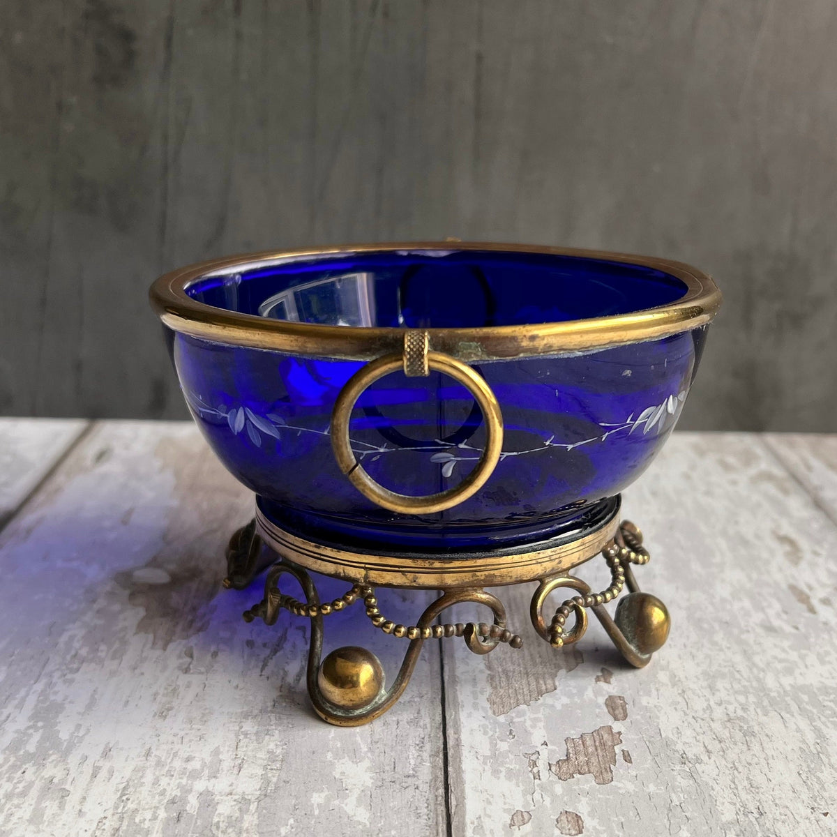 19th Century Tazza Gilt Metal and Cobalt Blue Glass Dish C 1860 Napoleon III