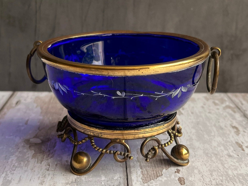 19th Century Tazza Gilt Metal and Cobalt Blue Glass Dish C 1860 Napoleon III