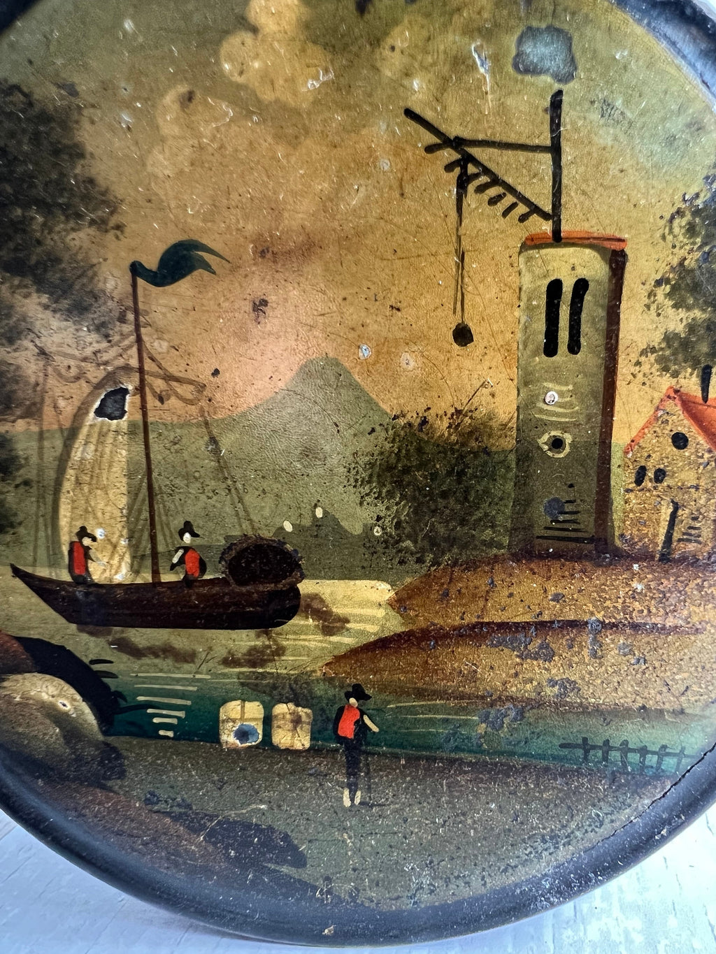 Antique Georgian Papier Mache Snuff Box Hand-Painted Trading Scene