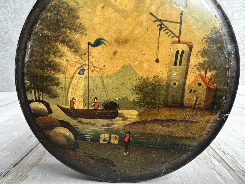 Antique Georgian Papier Mache Snuff Box Hand-Painted Trading Scene