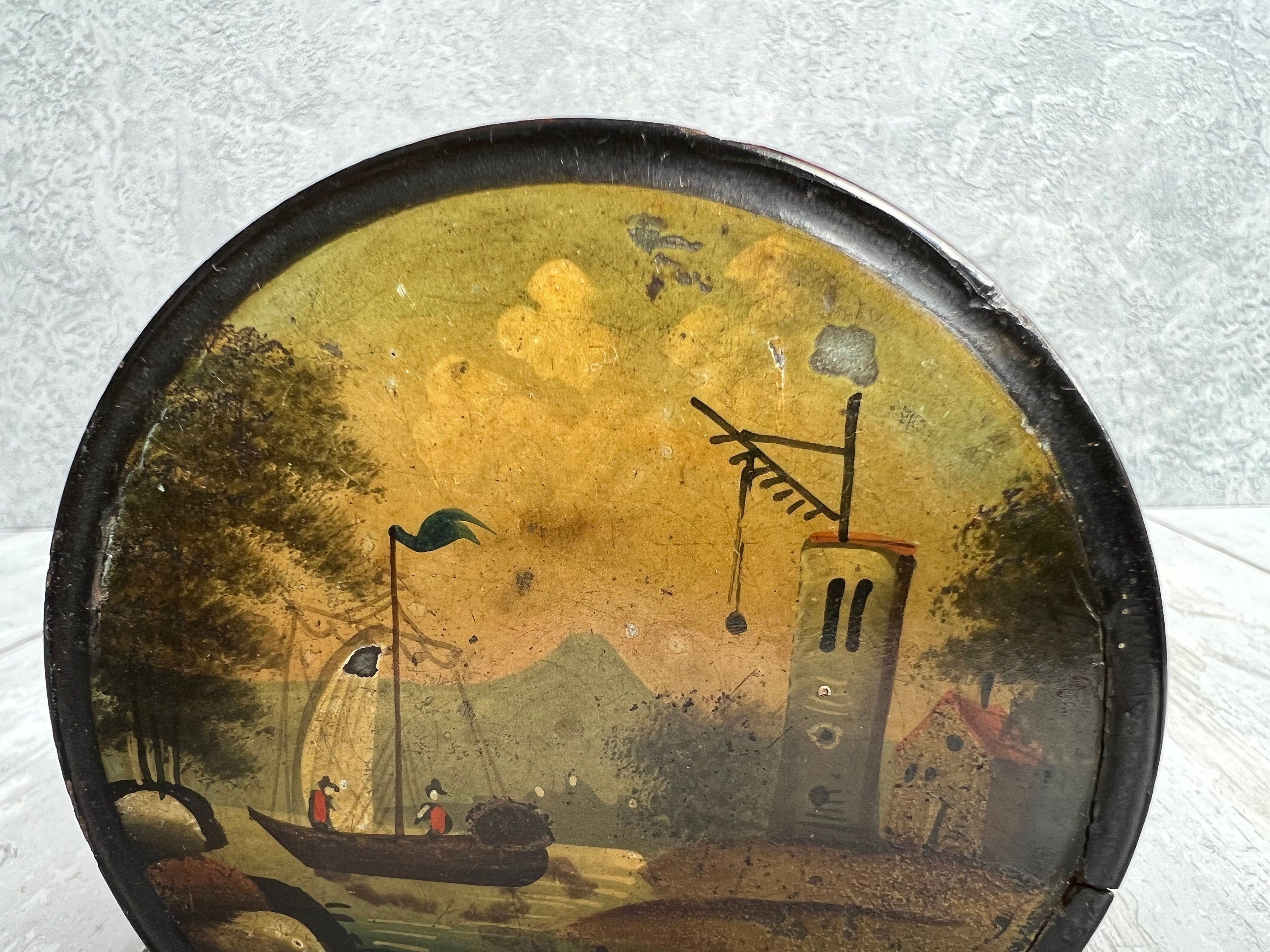 Antique Georgian Papier Mache Snuff Box Hand-Painted Trading Scene