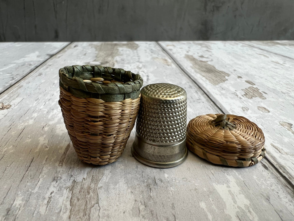 19th Century Sea Grass Thimble Holder Straw Basket Folk Art