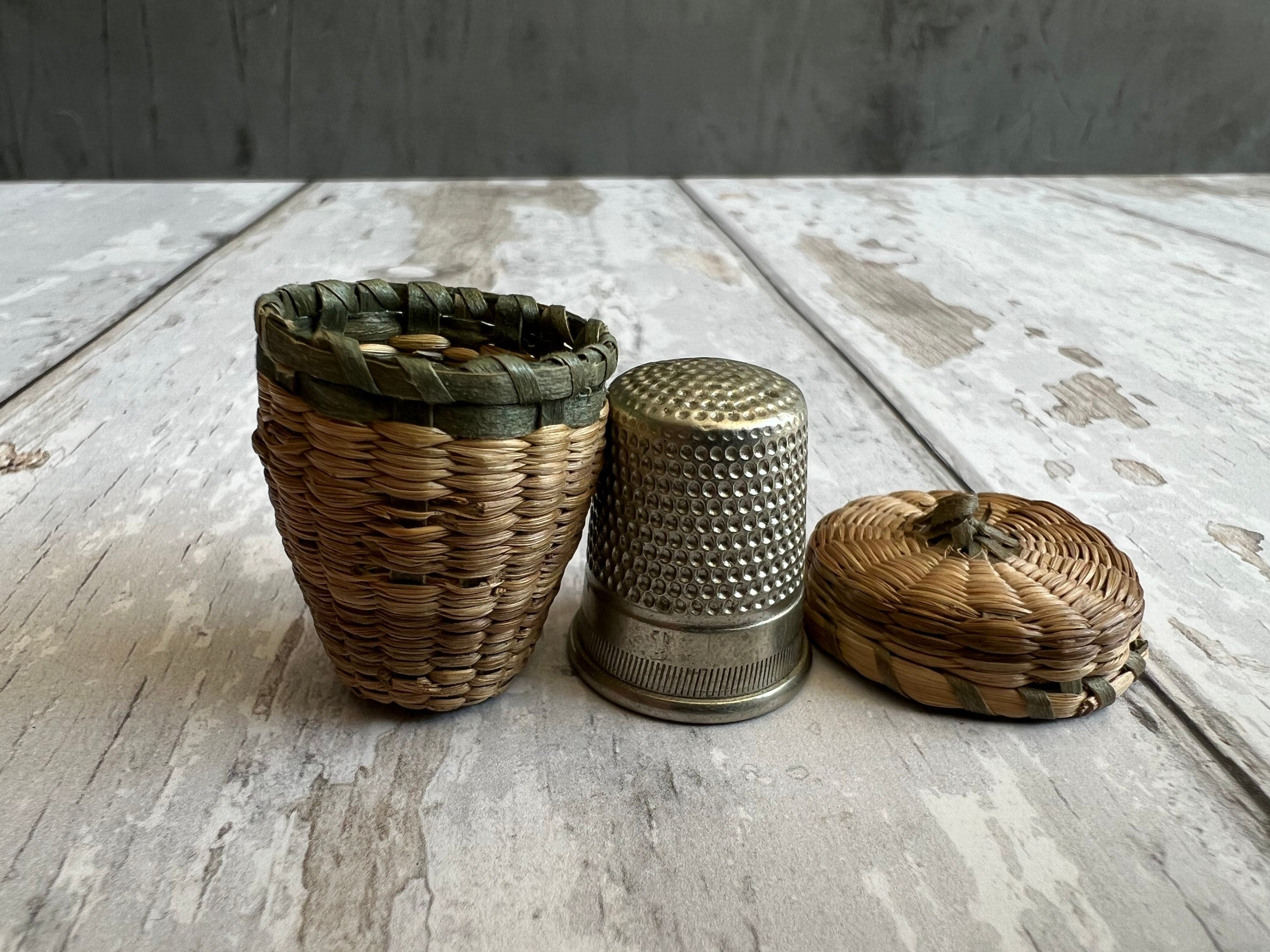 19th Century Sea Grass Thimble Holder Straw Basket Folk Art