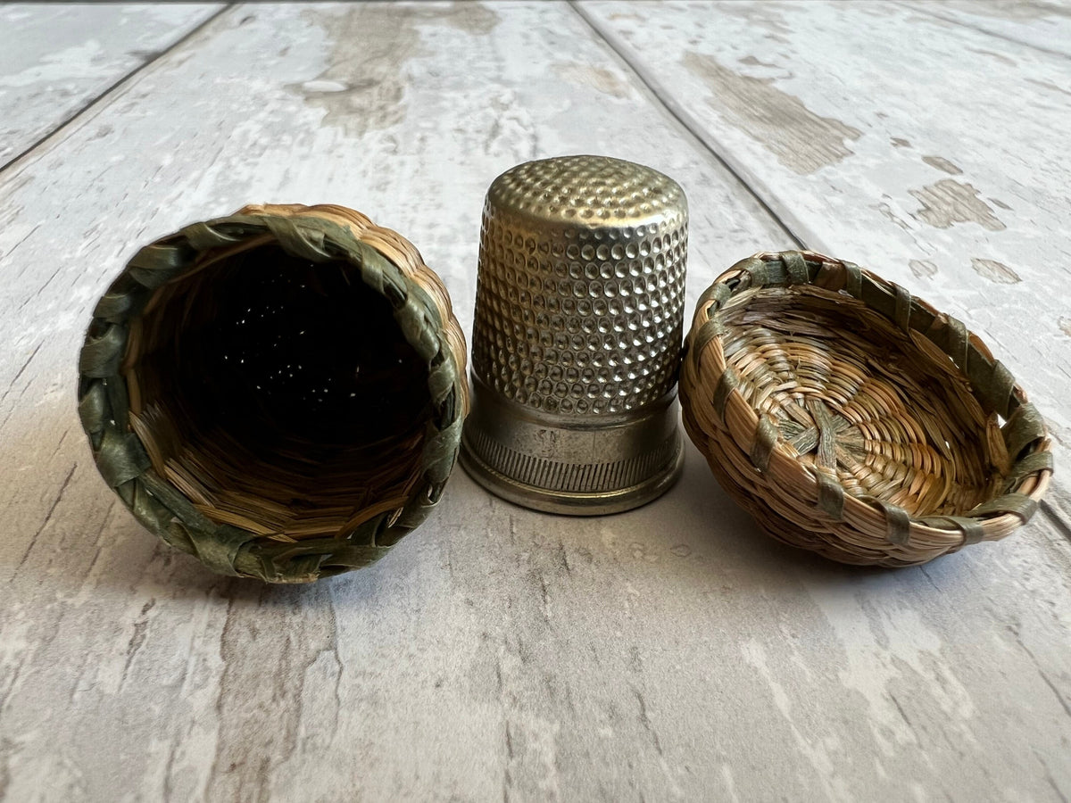 19th Century Sea Grass Thimble Holder Straw Basket Folk Art
