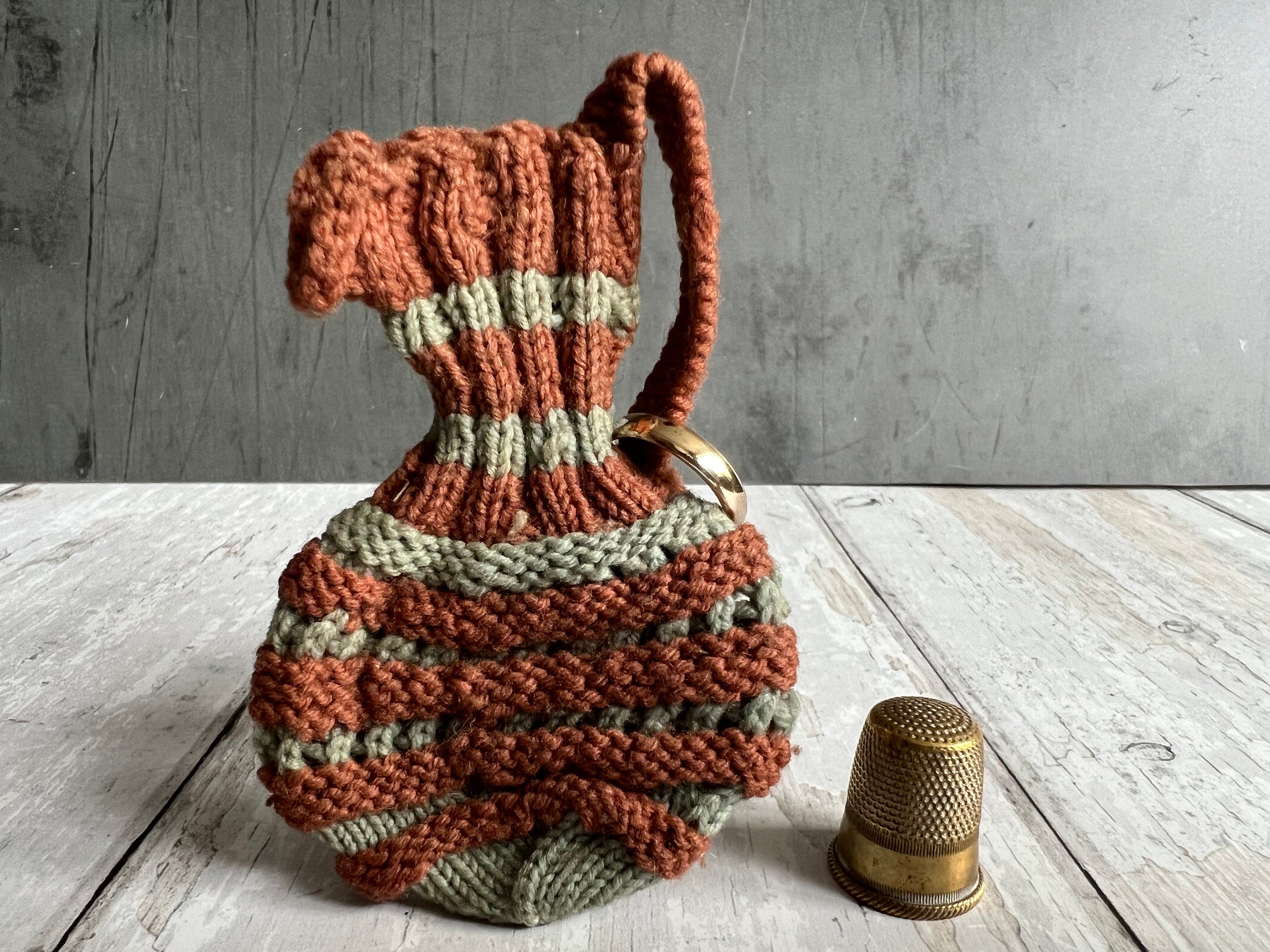 Antique 19th Century Knitted Pence Jug Purse with Hallmarked Gold Wedding Ring Circa 1800s