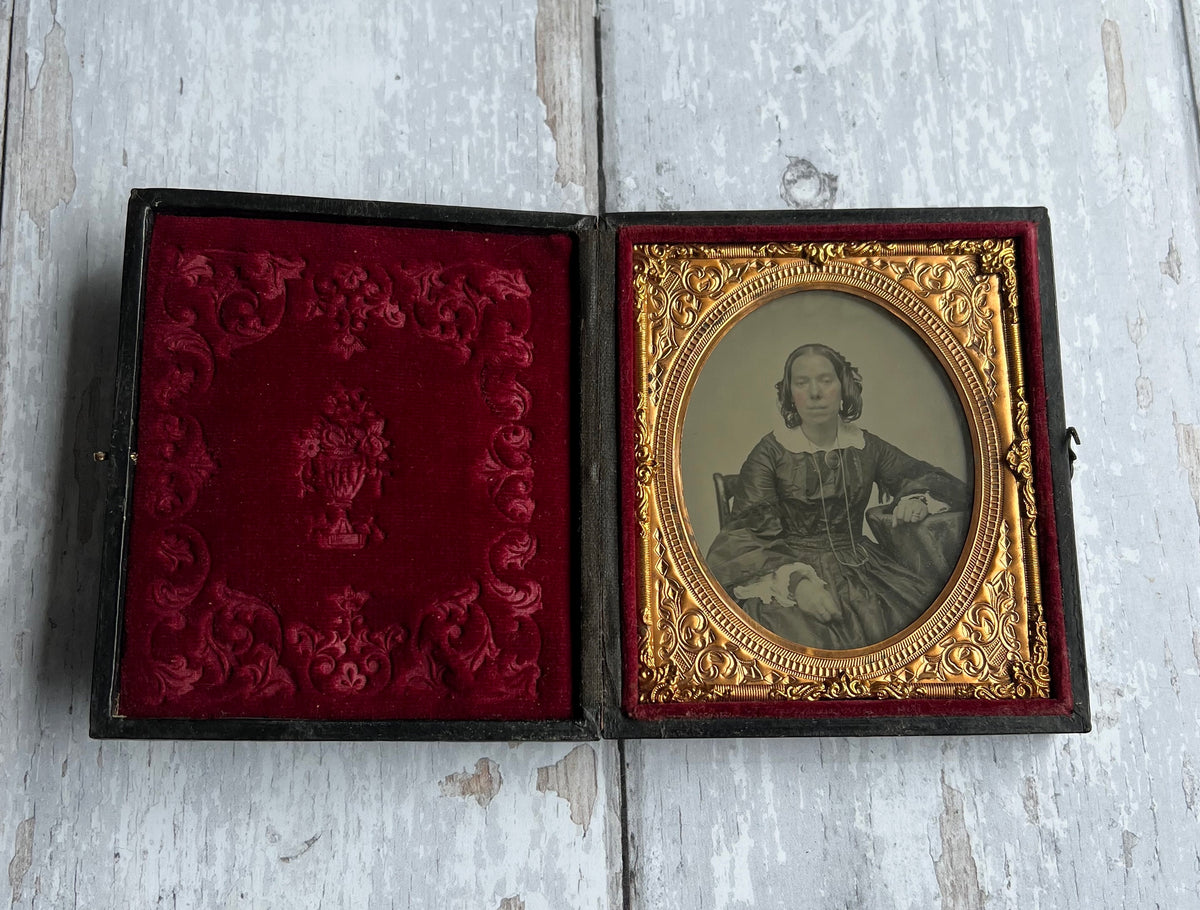 19th Century PAIR Victorian Mother And Daughter Cased Hand Tinted Ambrotype Photograph Sixth Plate