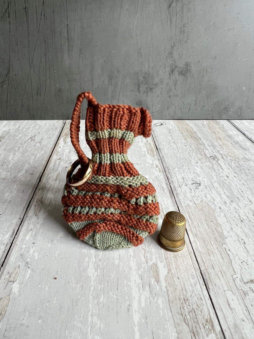 Antique 19th Century Knitted Pence Jug Purse with Hallmarked Gold Wedding Ring Circa 1800s