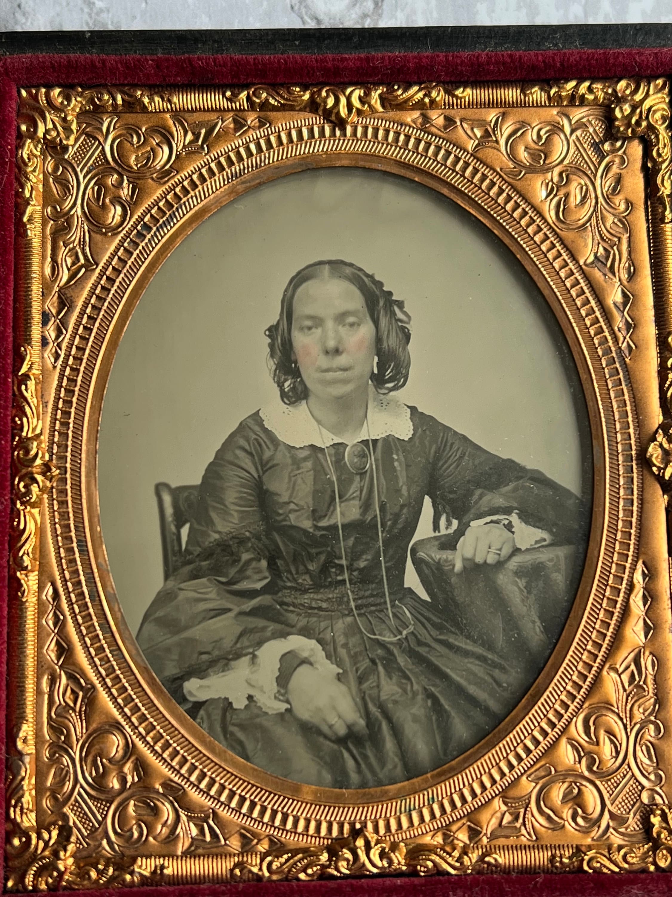 19th Century PAIR Victorian Mother And Daughter Cased Hand Tinted Ambrotype Photograph Sixth Plate