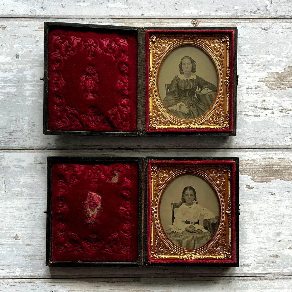 19th Century PAIR Victorian Mother And Daughter Cased Hand Tinted Ambrotype Photograph Sixth Plate