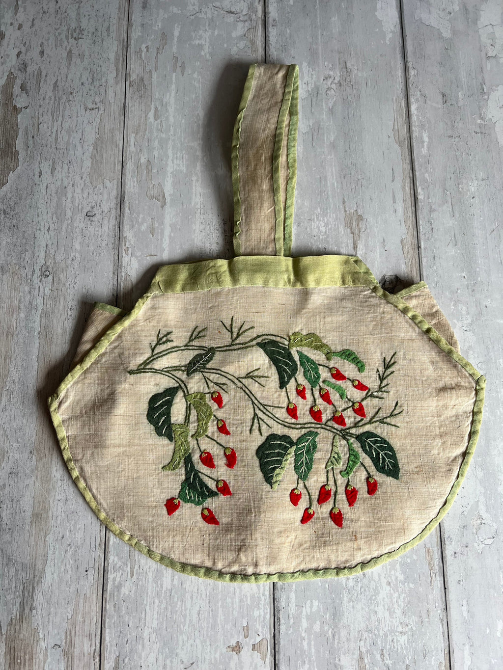 Rare Original 1920s Handbag Lantern Shape Chilli Pepper Vegetable Appliqué Pina Cloth Art Deco