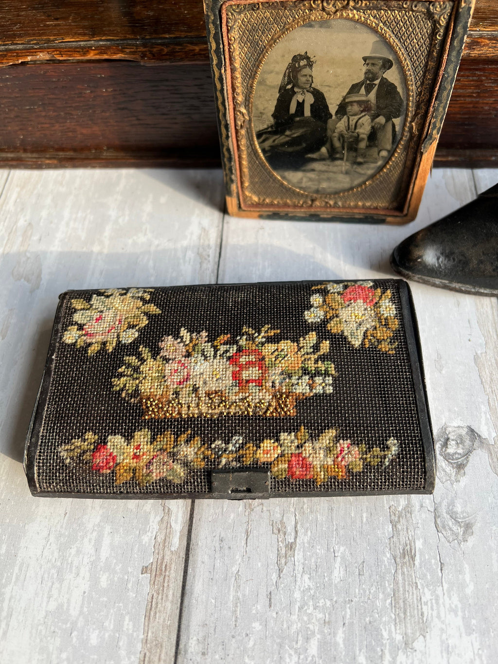 Georgian Needlepoint Mourning Case Beaded Floral Wallet 1830s