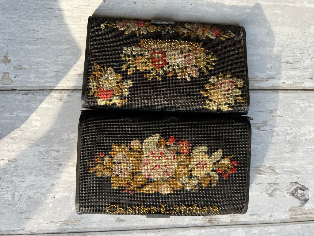 Georgian Needlepoint Mourning Case Beaded Floral Wallet 1830s