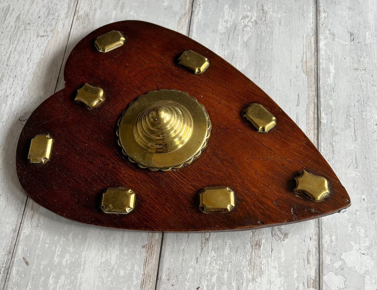 Antique Oak Love Heart Plaque with Horse Brass Mounts C 1890