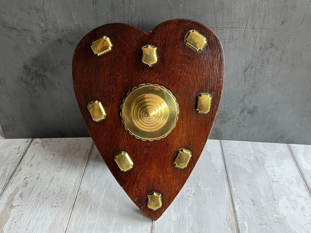 Antique Oak Love Heart Plaque with Horse Brass Mounts C 1890