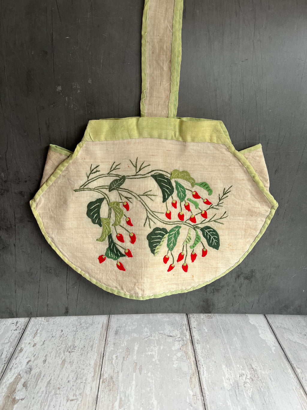 Rare Original 1920s Handbag Lantern Shape Chilli Pepper Vegetable Appliqué Pina Cloth Art Deco