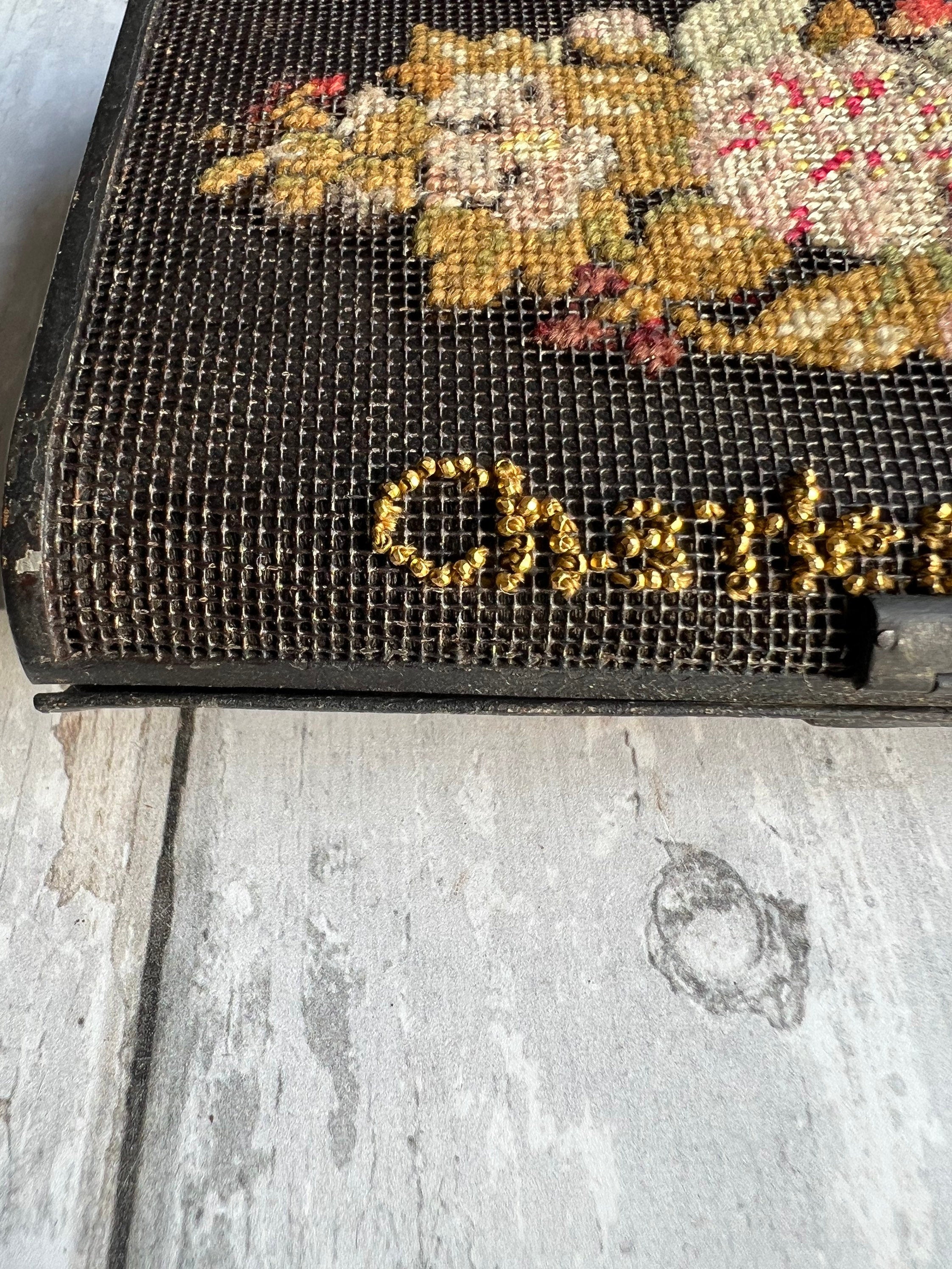 Georgian Needlepoint Mourning Case Beaded Floral Wallet 1830s