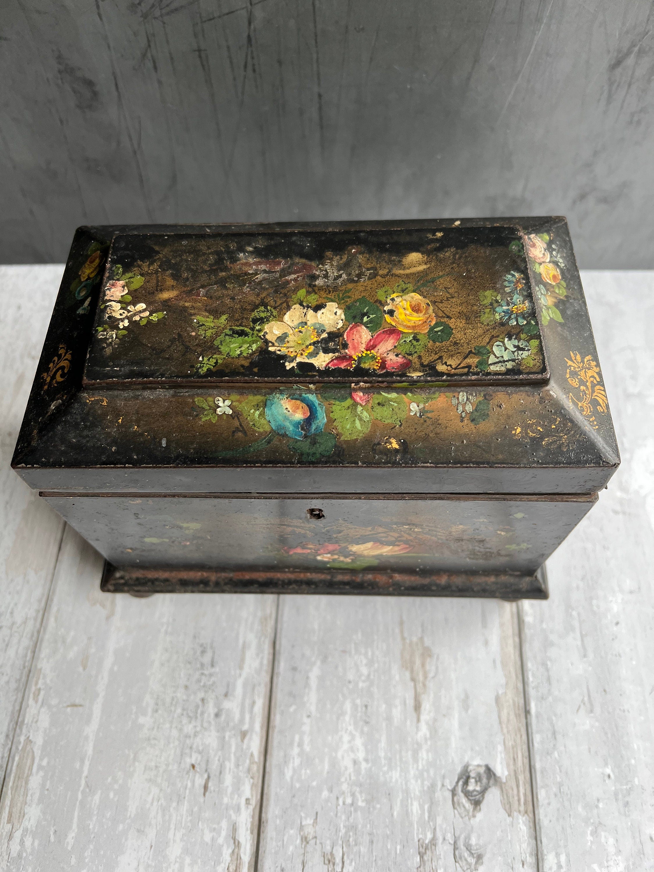 Antique 19th Century English Tole Tea Caddy Floral Toleware Tea Canister Circa 1850