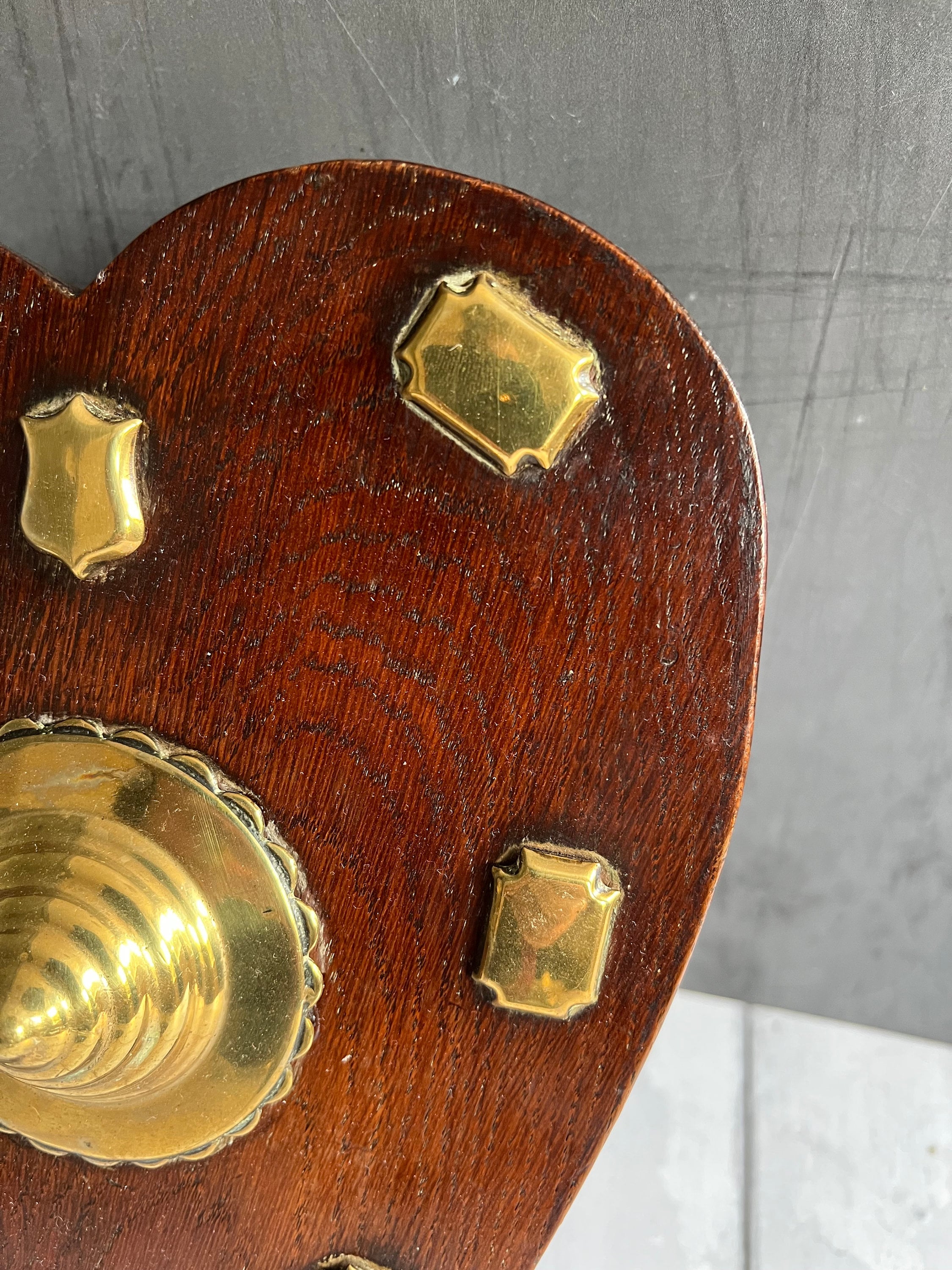 Antique Oak Love Heart Plaque with Horse Brass Mounts C 1890