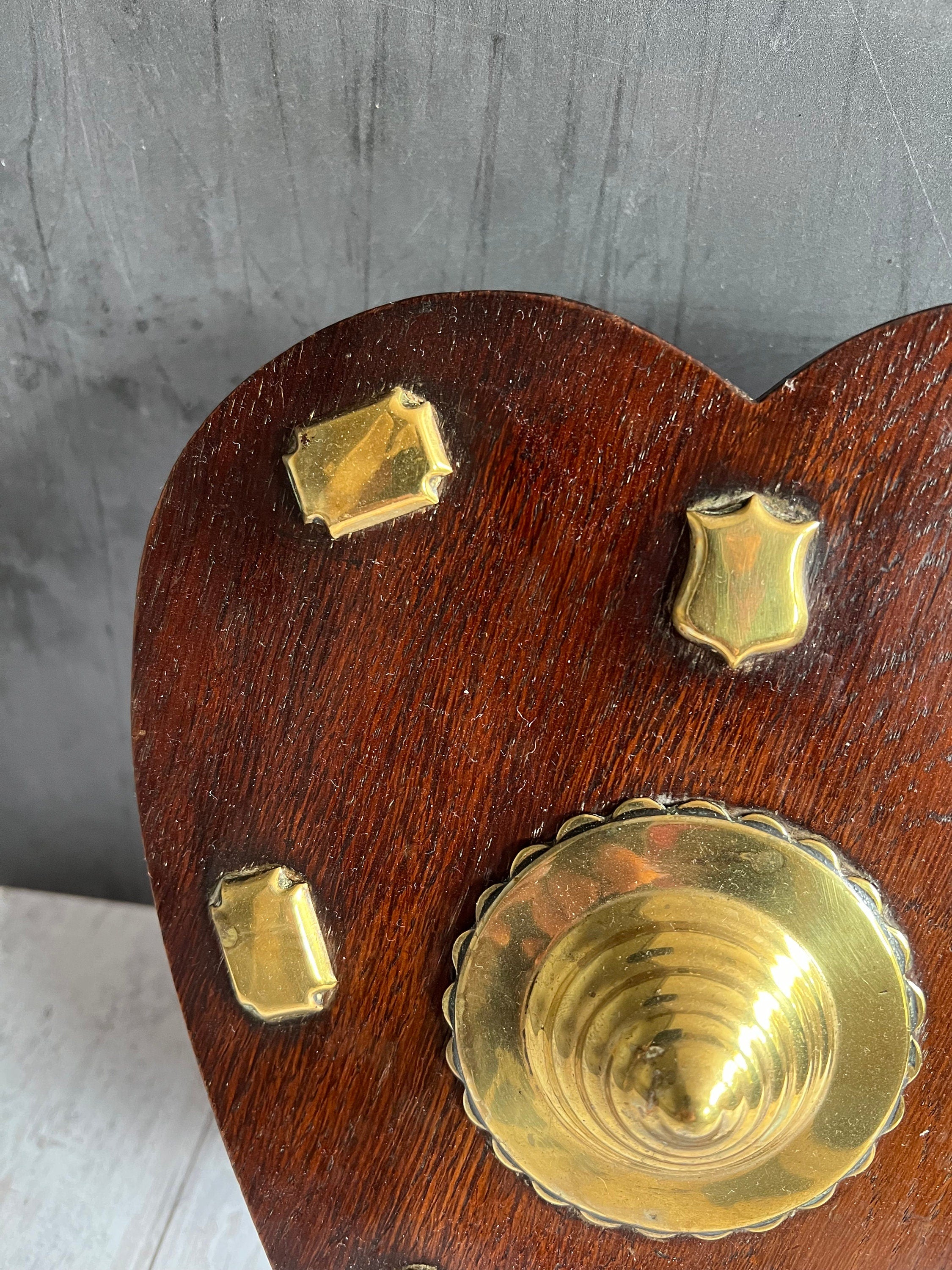 Antique Oak Love Heart Plaque with Horse Brass Mounts C 1890