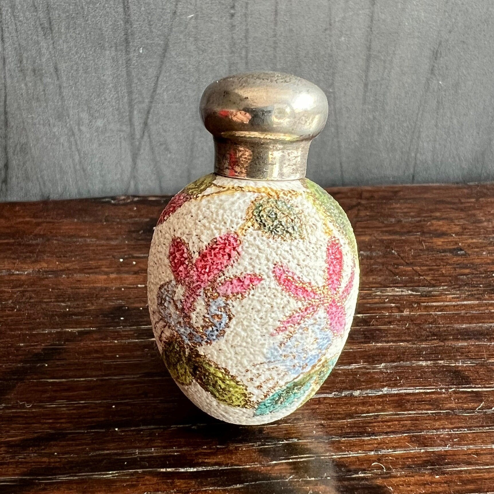Tiny Egg Scent Bottle Floral Fuchsia Sterling Silver Top 1889