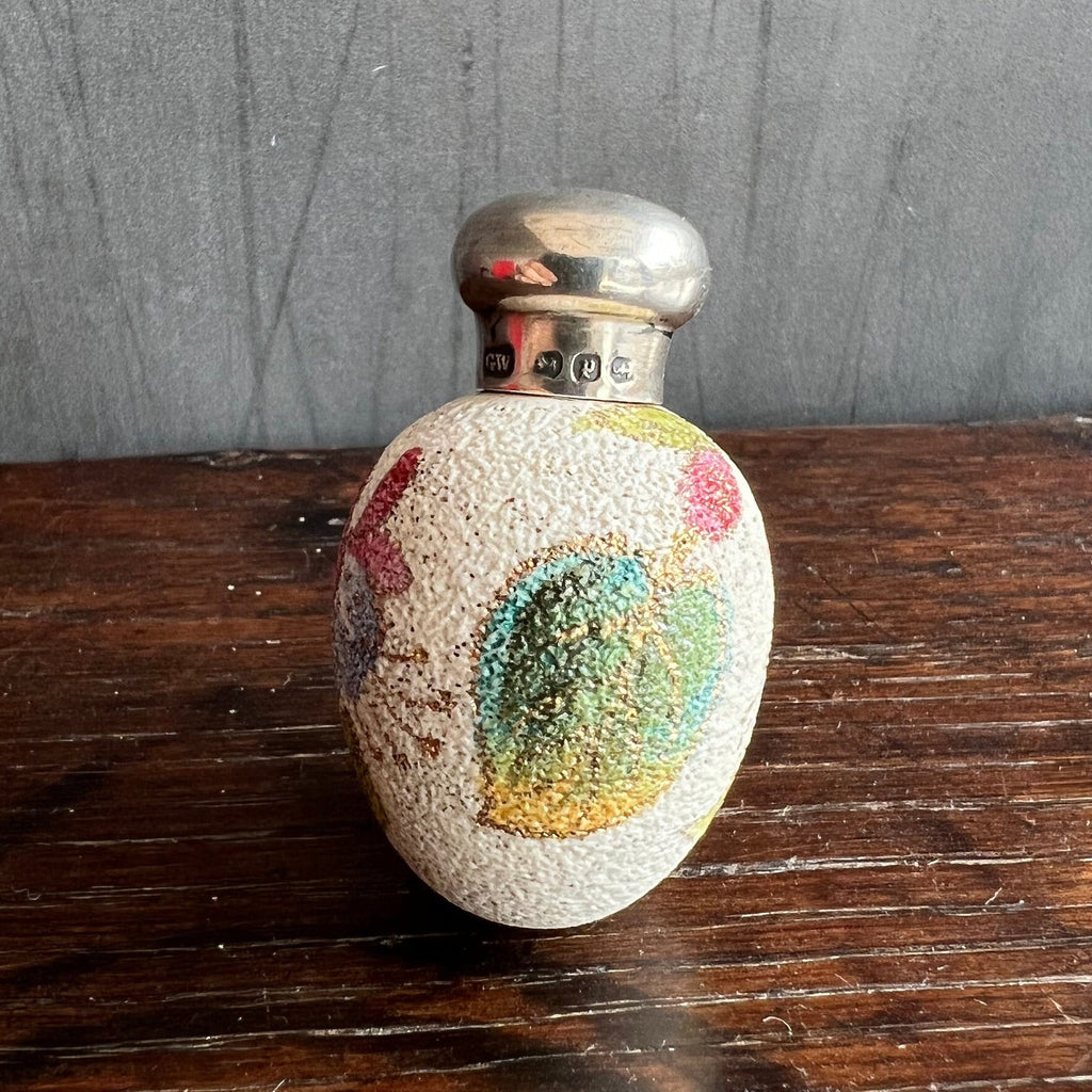 Tiny Egg Scent Bottle Floral Fuchsia Sterling Silver Top 1889