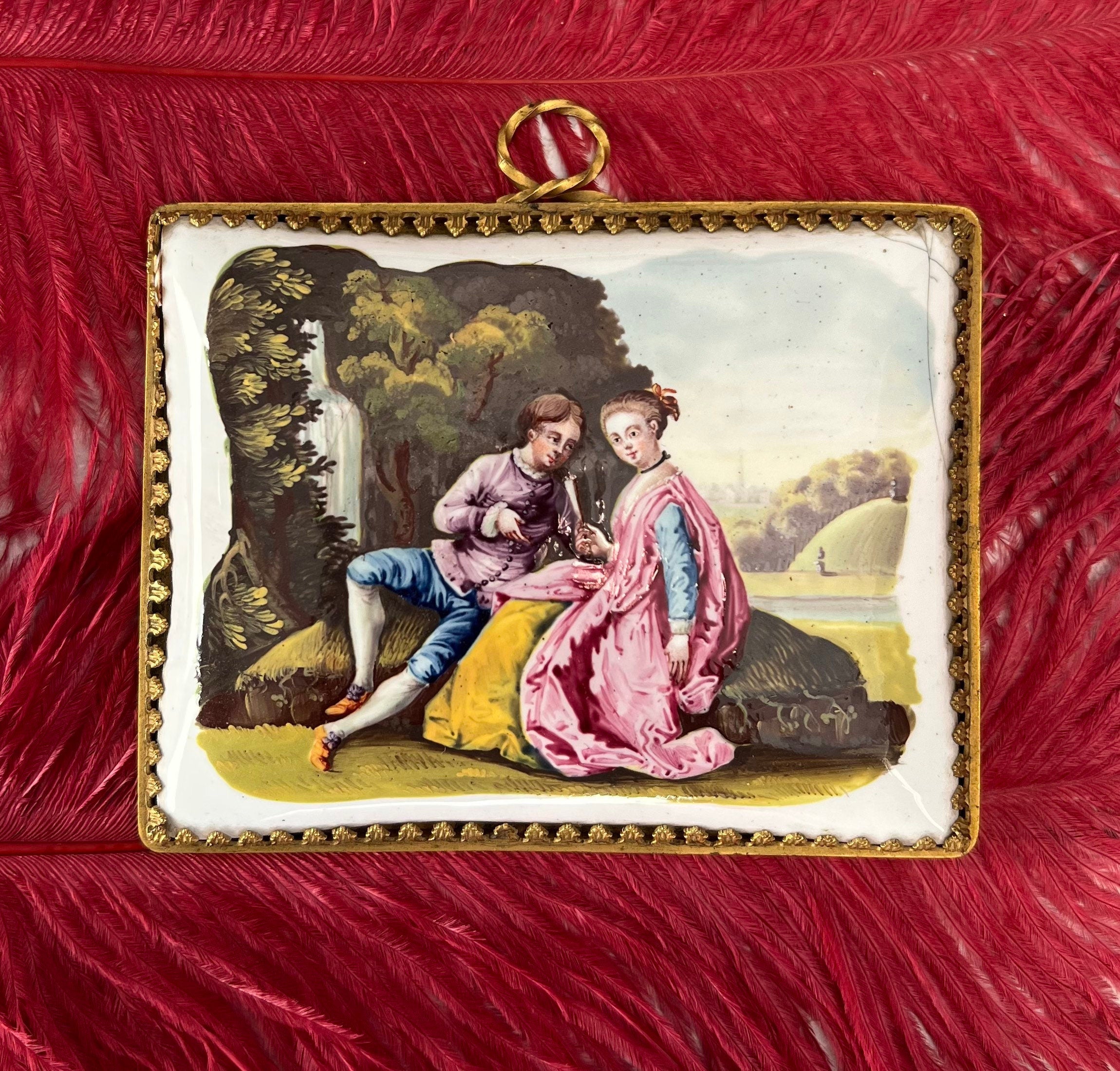 Antique 18th Century Miniature Battersea Bilston Enamel Plaque Picture Circa 1765