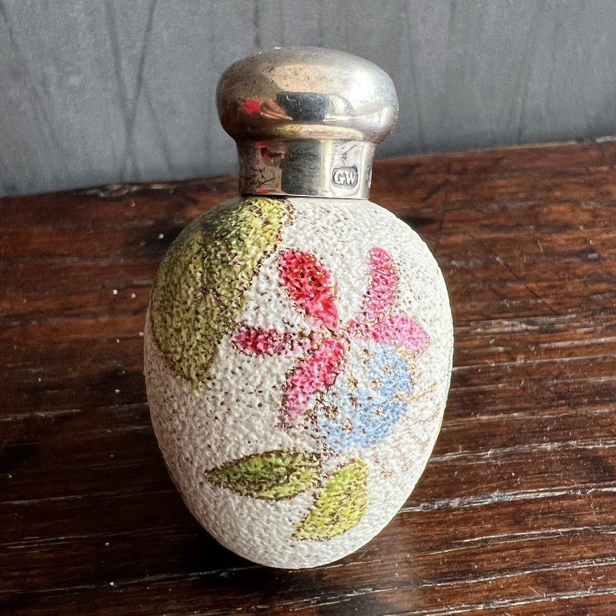 Tiny Egg Scent Bottle Floral Fuchsia Sterling Silver Top 1889