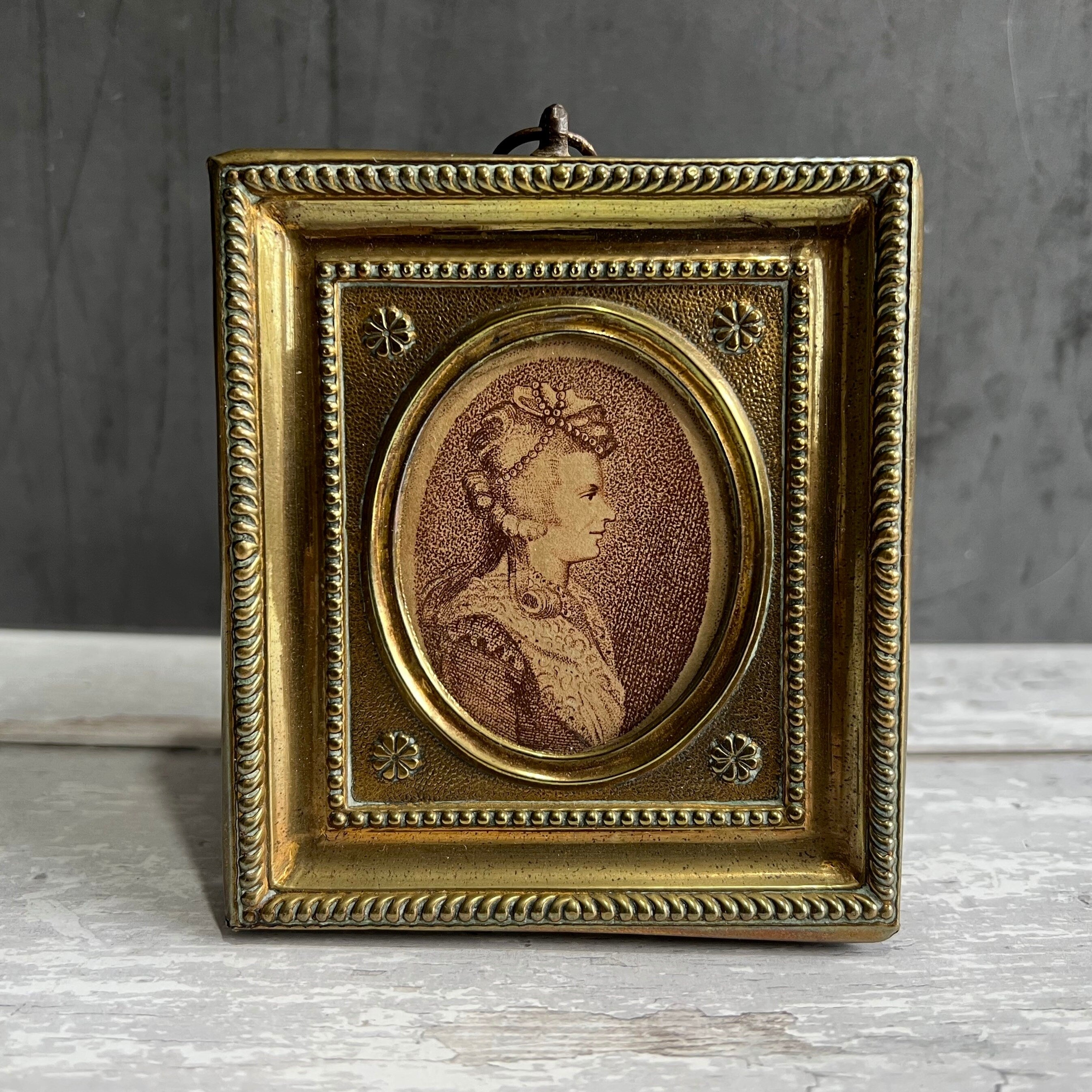 Antique 19th Century Portrait Miniature Engraving Princess Frederica Brass Frame 1795