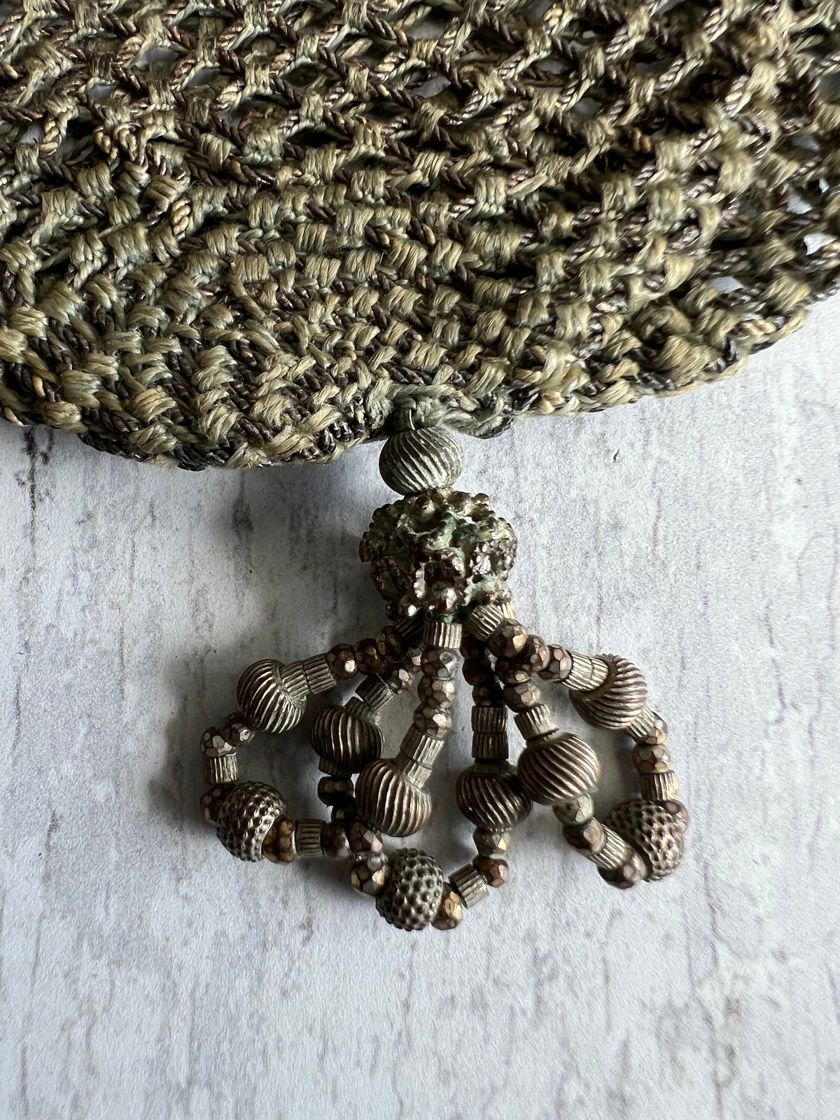 Georgian Purse Netted Sea Green and Silver Thread Cut Steel Frame Circa 1820